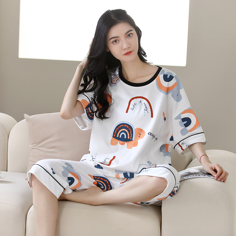 Pajamas women's summer short-sleeved cropped pants dignified and comfortable cotton large size pajamas pullover mother can wear home clothes