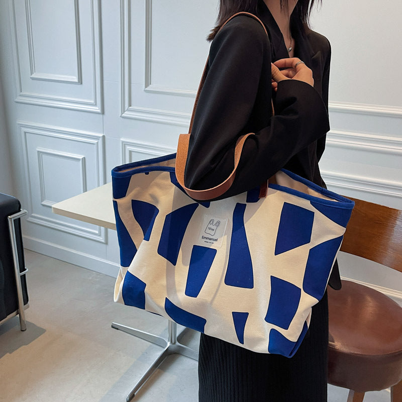 Ruiying's new plaid canvas shoulder bag for women, trendy large-capacity Japanese style literary leisure bag, pure cotton shopping bag
