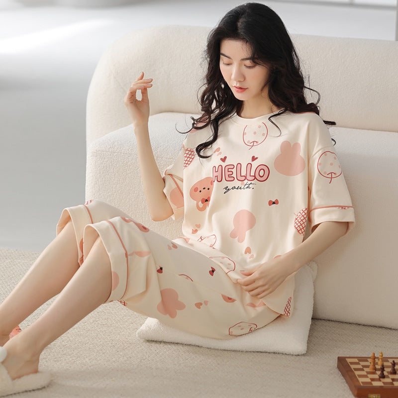 新款纯棉睡衣女夏季短袖七分裤韩版休闲夏天薄款可外穿家居服套装