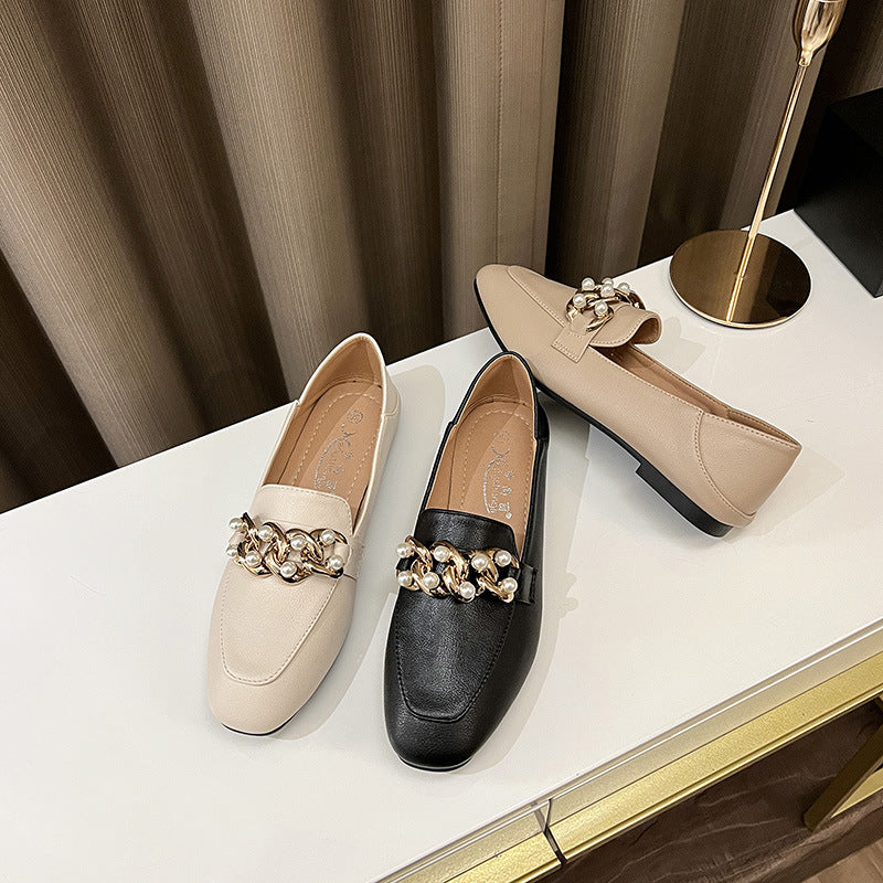 Single shoes women's flat bottom 2023 new spring peas shoes British style retro small leather shoes slip-on loafers for women