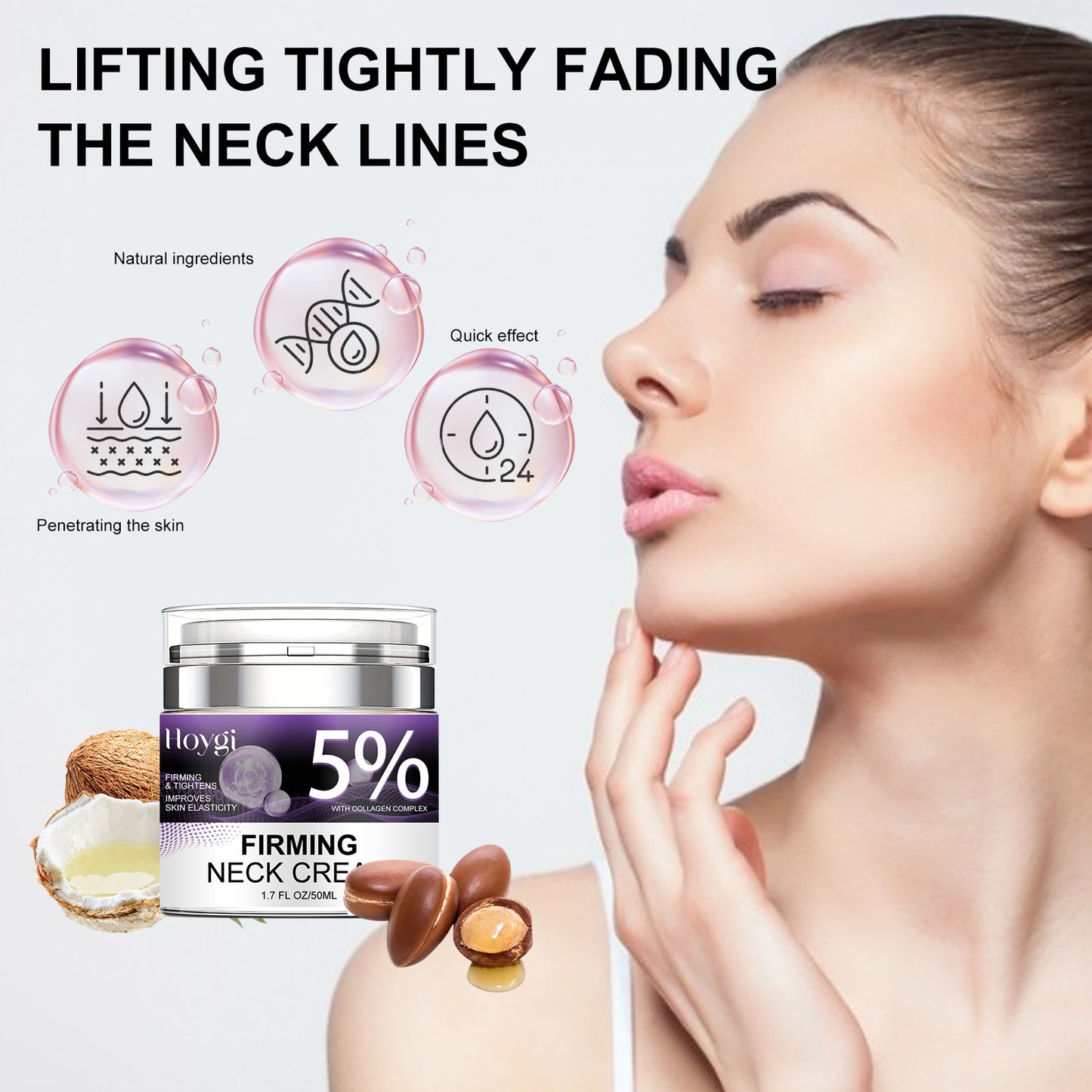 Hoygi Neck Firming Cream လည်ပင်းလိုင်းများကို စိုစွတ်စေပြီး အရေးအကြောင်းများကို လျော့ပါးစေပြီး အသားအရေကို တောက်ပစေသည်
