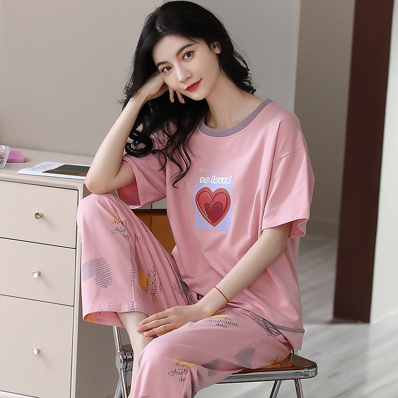 New 2023 summer pajamas women's pure cotton short-sleeved breathable sweet women's leisure can be worn outside home service suit thin