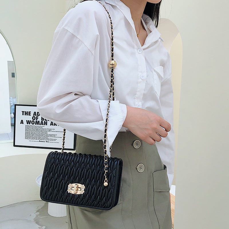 French bag 2023 Korean style pleated women's bag popular new fashion chain bag embroidery rhinestone small square bag