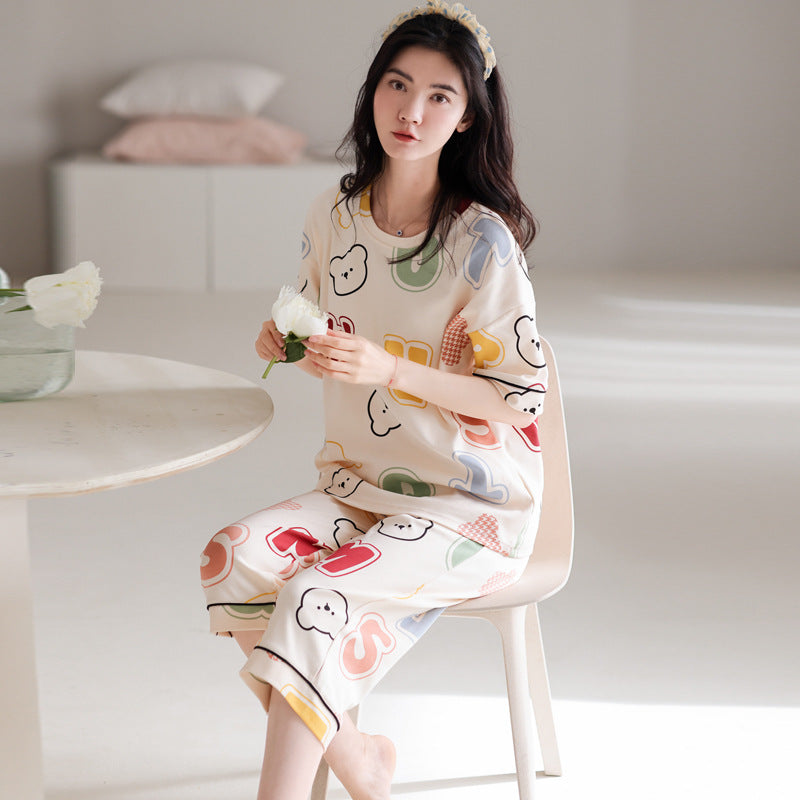 新款纯棉睡衣女夏季短袖七分裤韩版休闲夏天薄款可外穿家居服套装