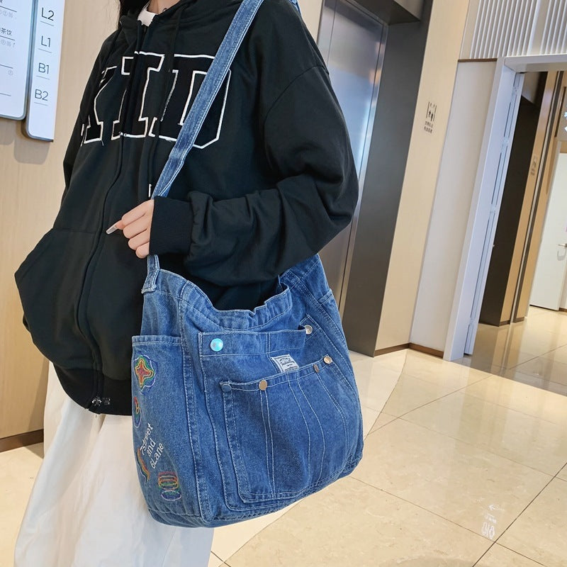 韩版百搭复古牛仔女包中古睿营大容量单肩通勤包学生上课包斜挎包