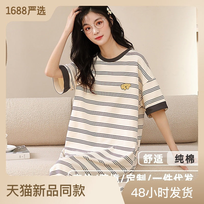 严选2023夏季睡裙女新款纯棉睡裙套头圆领可爱简约中长款家居服女