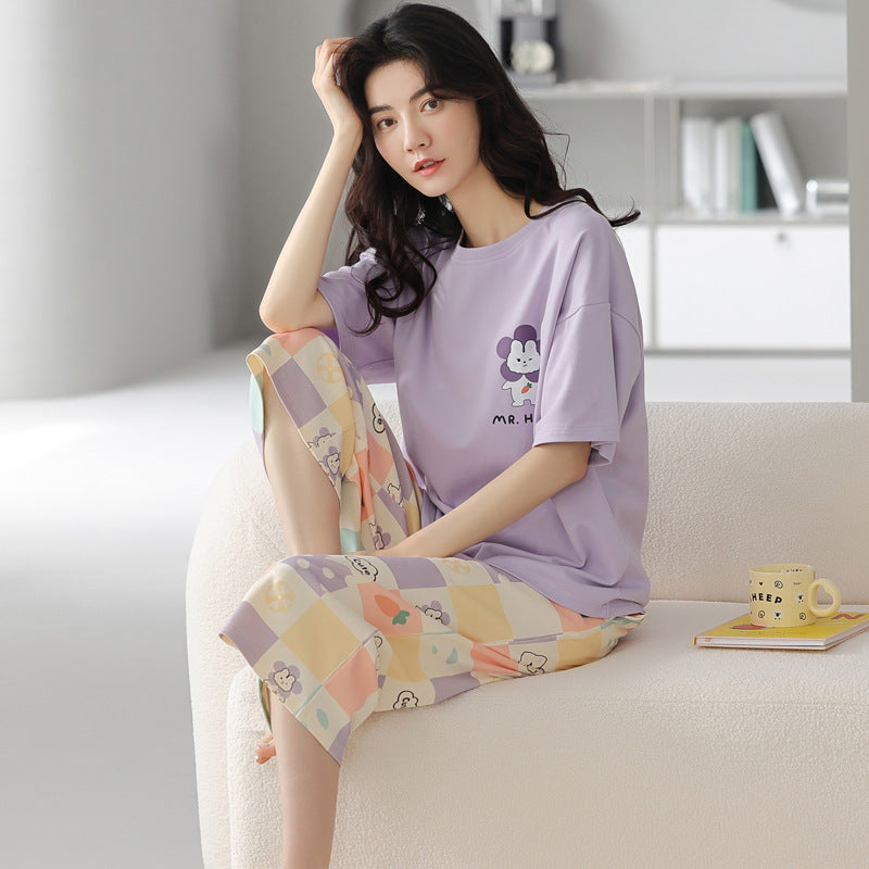 新款纯棉睡衣女夏季短袖七分裤韩版休闲夏天薄款可外穿家居服套装