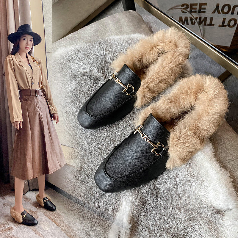 Fur shoes women s 2023 autumn and winter rabbit fur cotton shoes plus velvet small leather shoes flat bottom British slip on trendy peas shoes 7 MART
