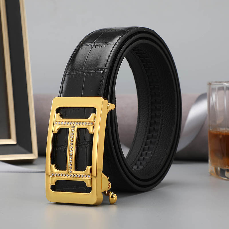 Belt men's genuine leather automatic buckle crocodile pattern business leisure belt men's young and middle-aged trendy trousers spot wholesale