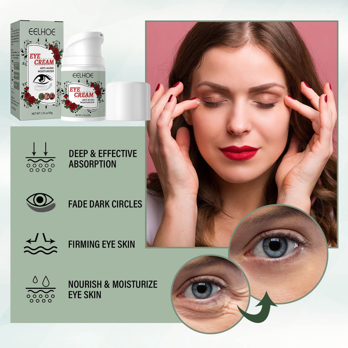 EELHOE anti-aging eye cream, firming, anti-wrinkle, multi-effect eye cream, reduces fine lines around the eyes, eye bags, dark circles, rejuvenates skin