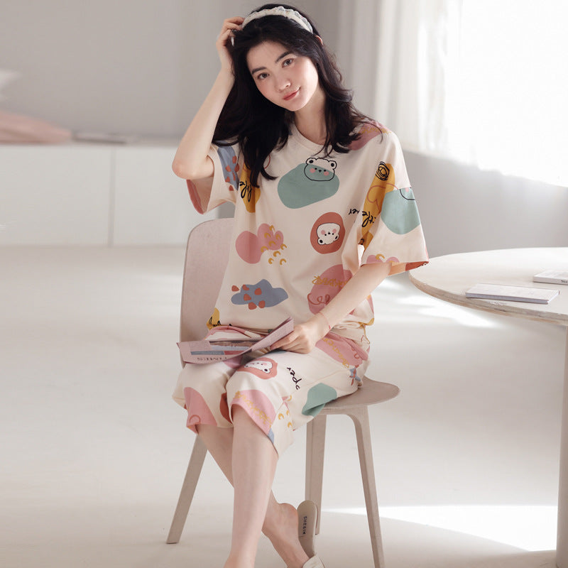 新款纯棉睡衣女夏季短袖七分裤韩版休闲夏天薄款可外穿家居服套装