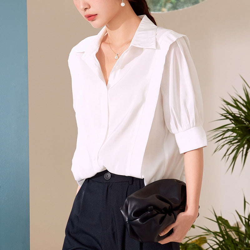 Baizi short-sleeved commuter white shirt women 2023 summer new Korean version all-match urban OL lapel shirt women's clothing