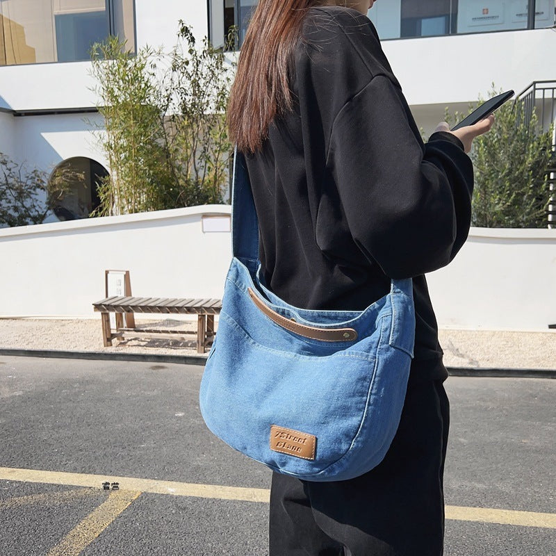 简约牛仔布包女学生单肩包大容量睿营斜挎包韩版布袋上课帆布大包