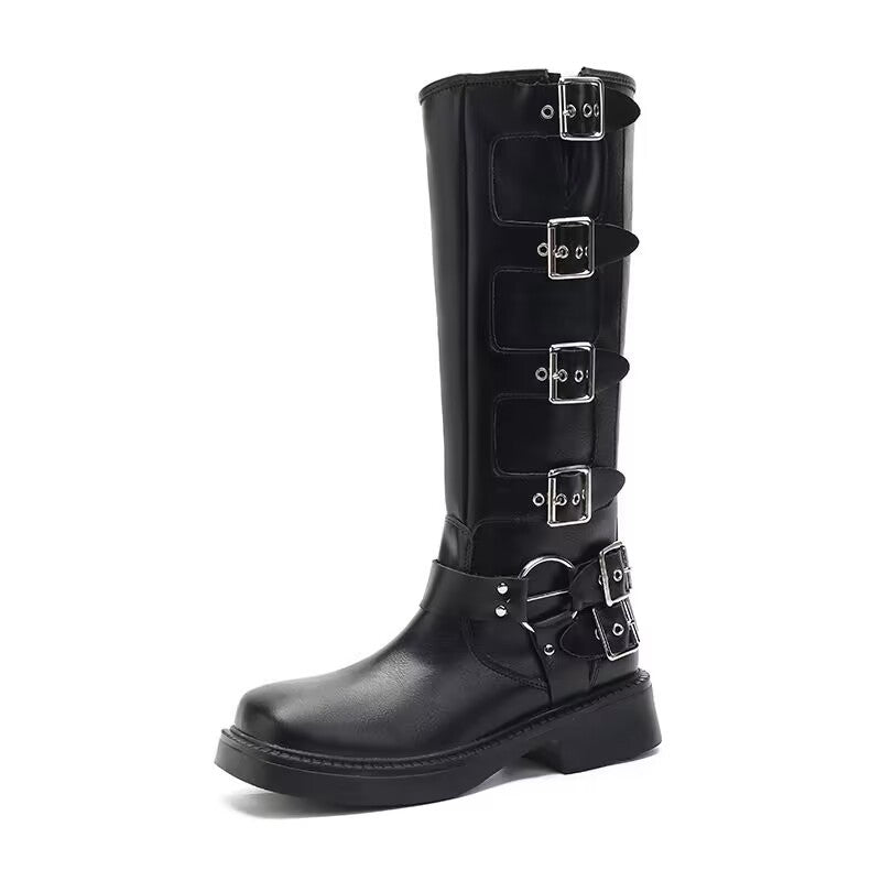 Axigo miu's leather thick-heeled Martin boots women's western cowboy boots women's retro tall belt buckle knight boots