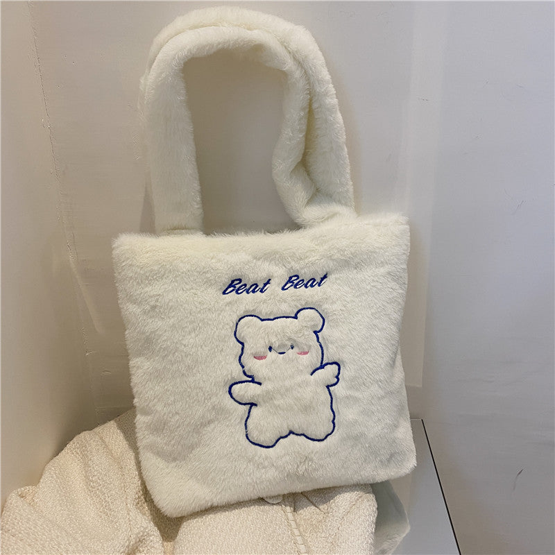 Autumn and winter new plush tote bag ins Japanese bear large capacity shoulder bag versatile student class hand bag