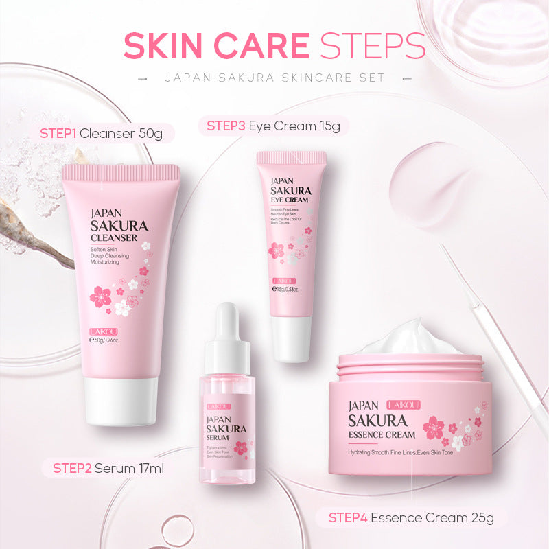 နယ်စပ်ဖြတ်ကျော် Laiko Japanese Sakura Skin Care Set 4-piece Cleansing Essence Eye Cream မျက်နှာခရင်မ် ထုတ်လုပ်သူ လက်လီ၊