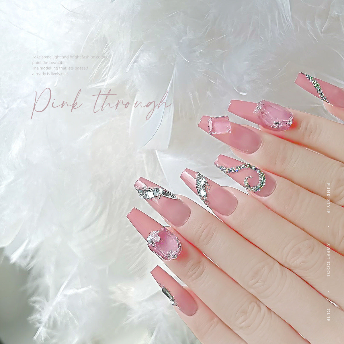 Nail art jewelry diamond wholesale see-through glacier pink pointed bottom diamond sparkling octagonal rock candy love ax nail accessories