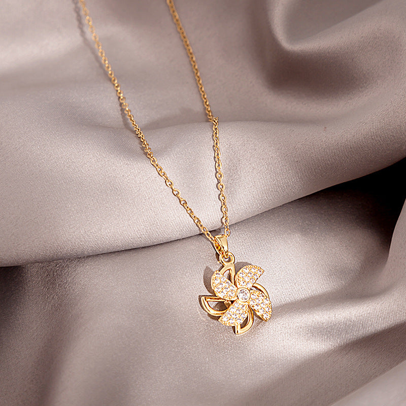 Douyin Explosive Titanium Steel Necklace Light Luxury Micro-inlaid Longevity Lock Maple Leaf Jade Gourd Turnable Windmill Pendant Clavicle Chain