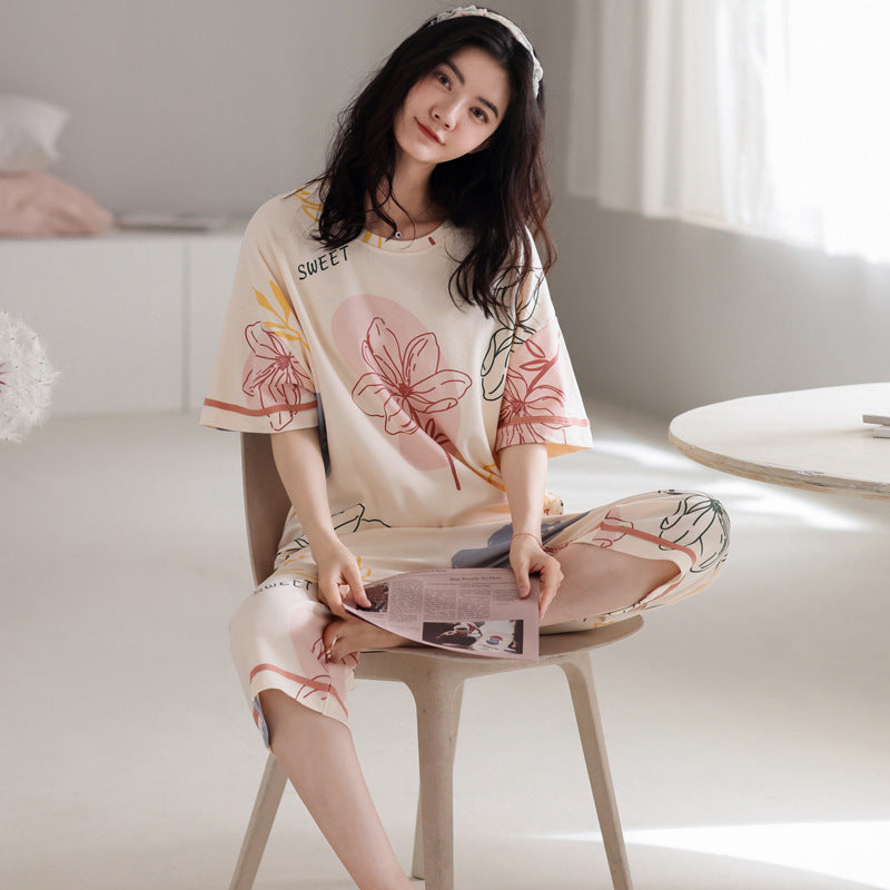 新款纯棉睡衣女夏季短袖七分裤韩版休闲夏天薄款可外穿家居服套装
