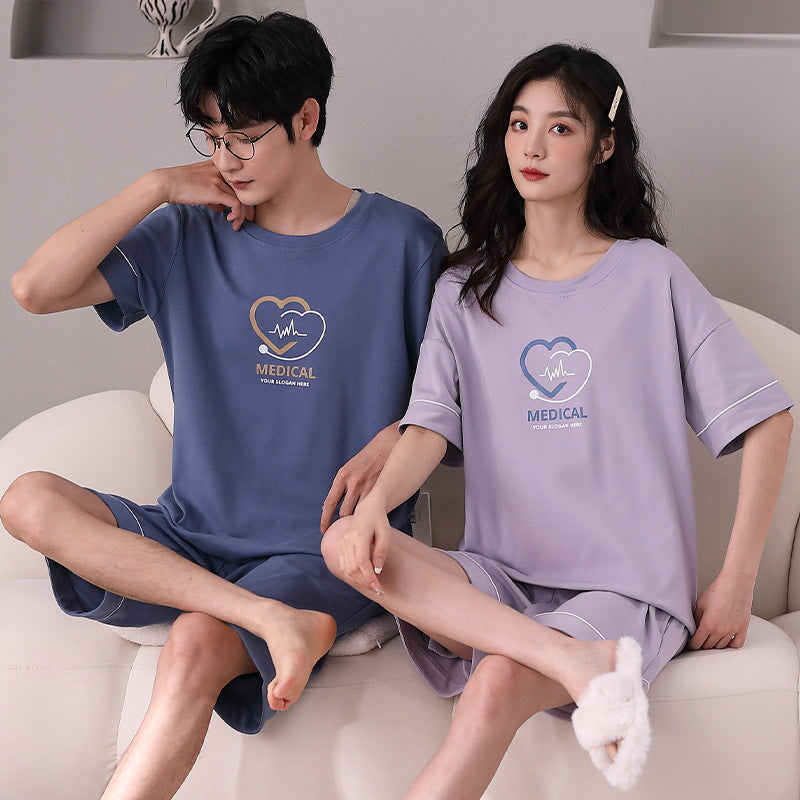 Summer short-sleeved couple pajamas women's simple high-grade cotton pullover shorts men's comfortable and wearable home service suits