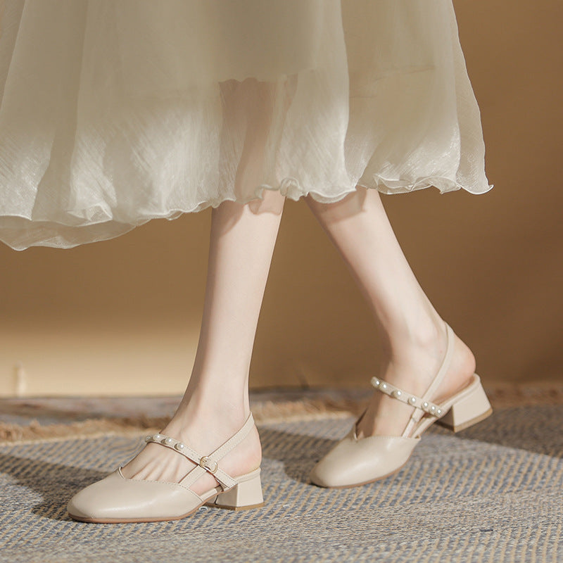 2023 new summer Baotou sandals women's chunky heel fairy style French pearl mid-heel temperament Mary Jane single shoes