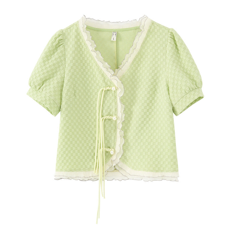 Large size women's fat mm new Chinese style retro buckle shirt 2023 summer new temperament commuter v-neck top 18235