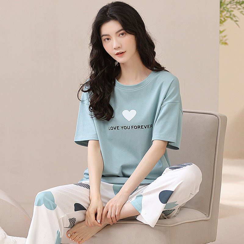 New 2023 summer pajamas women's pure cotton short-sleeved breathable sweet women's leisure can be worn outside home service suit thin