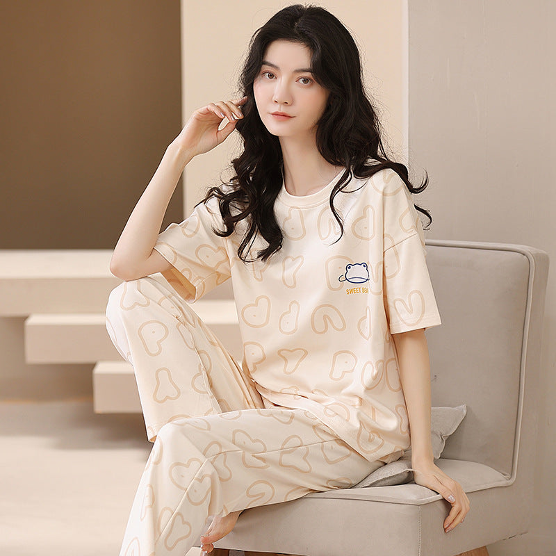 New 2023 summer pajamas women's pure cotton short-sleeved breathable sweet women's leisure can be worn outside home service suit thin