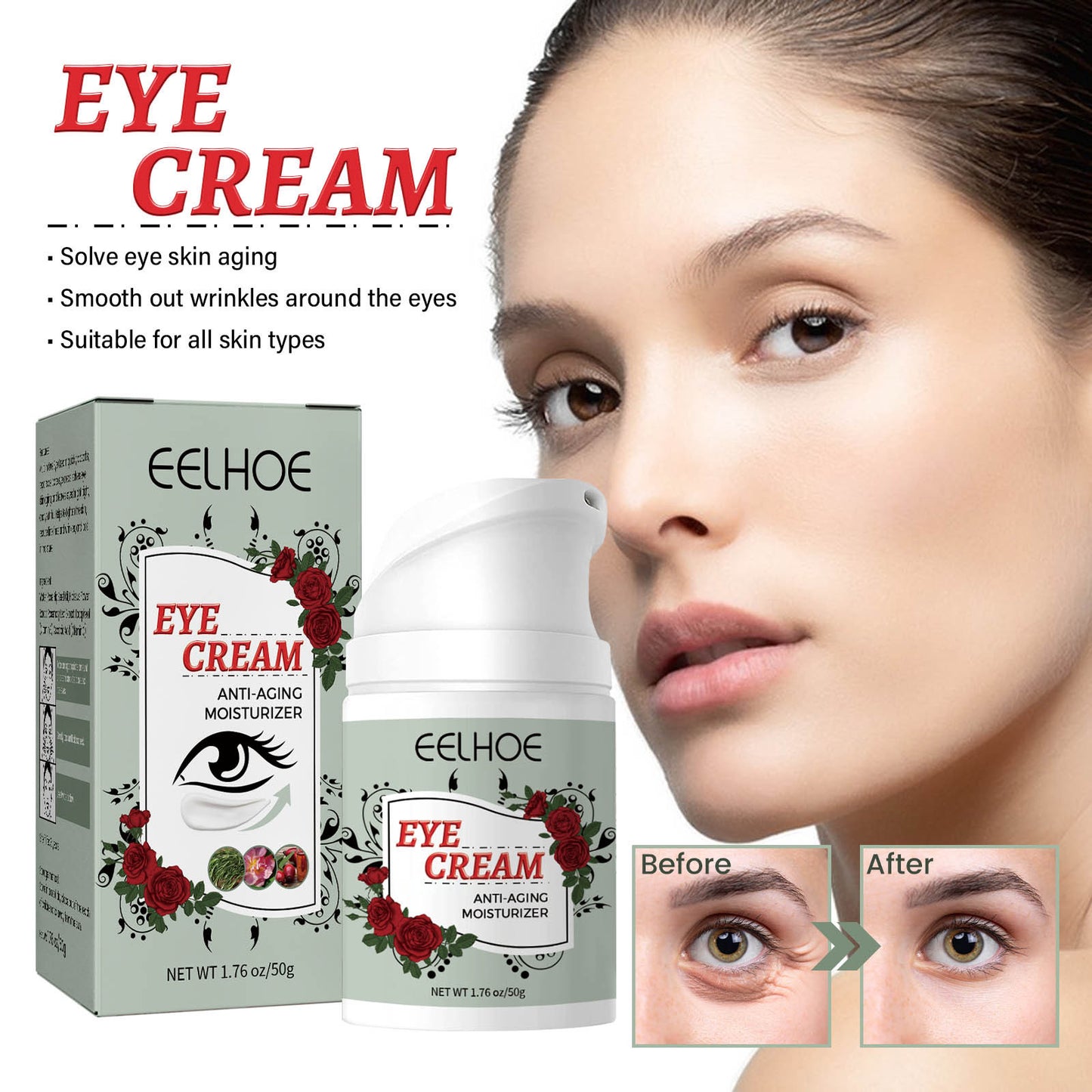 EELHOE anti-aging eye cream, firming, anti-wrinkle, multi-effect eye cream, reduces fine lines around the eyes, eye bags, dark circles, rejuvenates skin