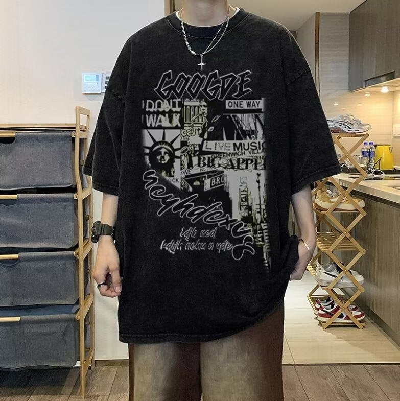 欧美高街复古水洗潮牌复古暗黑hiphop亚比风国潮ins五分短柚T侐男