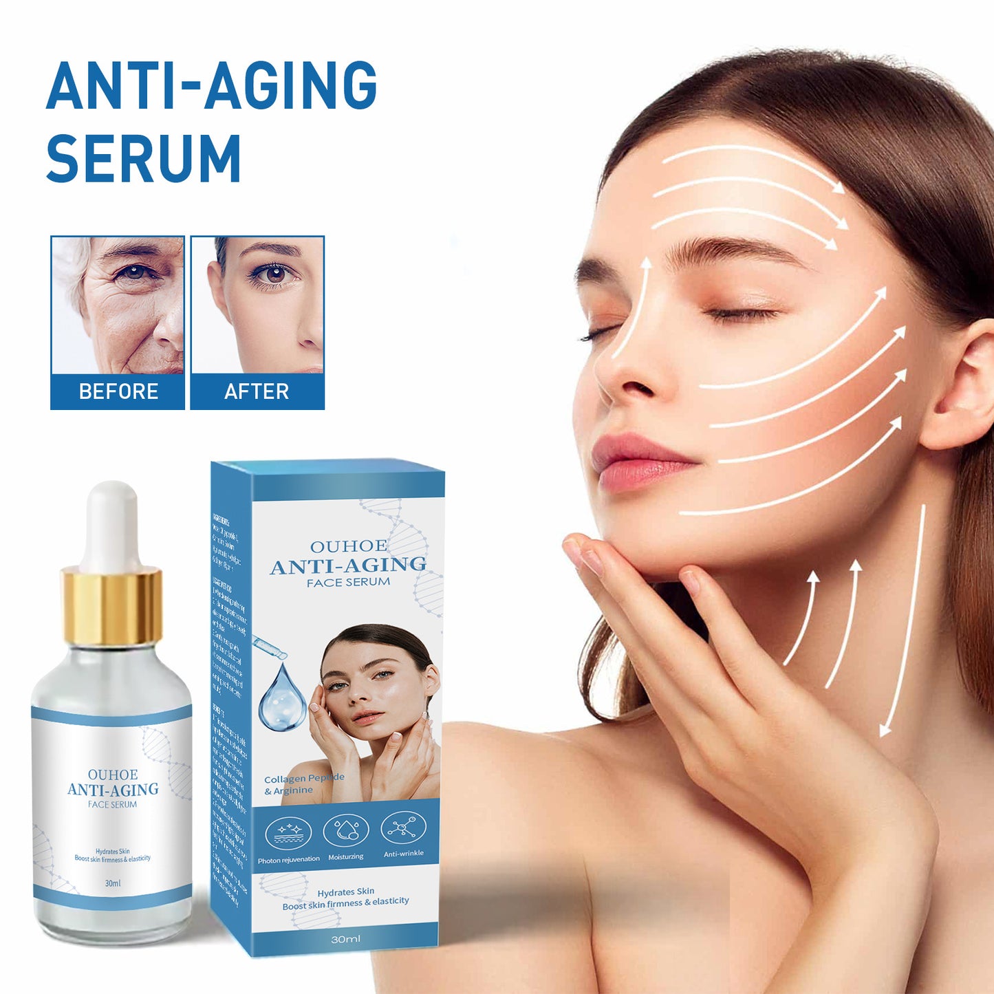 OUHOE Hyaluronic Acid Anti-Wrinkle Essence fades fine lines and wrinkles, shrinks nasolabial folds, tightens the skin, hydrates and rejuvenates the skin
