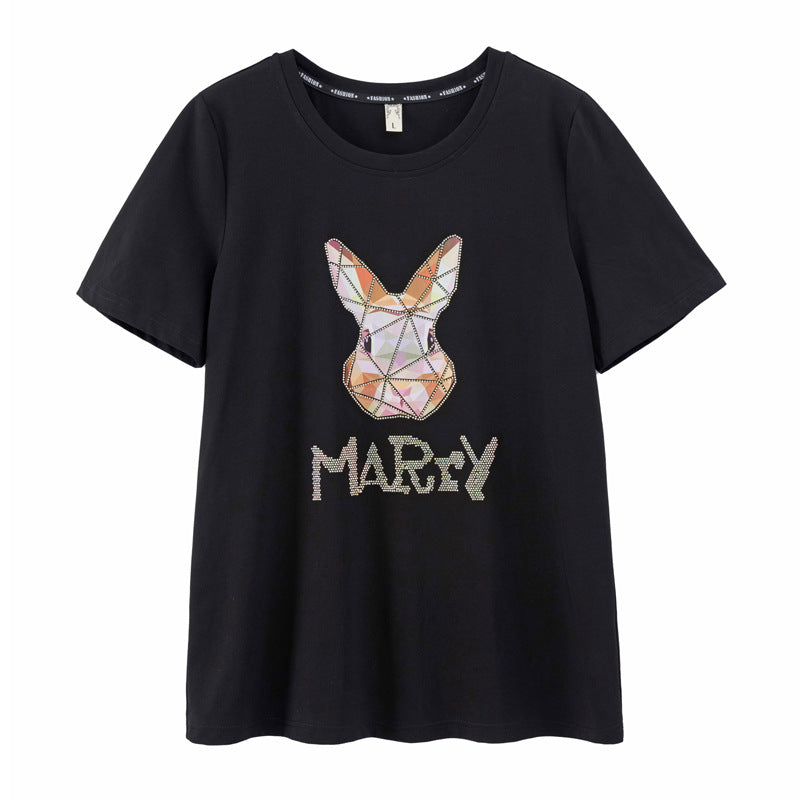 2023 summer plus-size women's clothing fat mm casual cartoon ironing drill lazy wind round neck short-sleeved cotton T-shirt top 18087