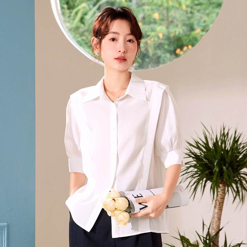 Baizi short-sleeved commuter white shirt women 2023 summer new Korean version all-match urban OL lapel shirt women's clothing