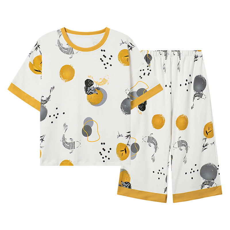 Pajamas women's summer short-sleeved cropped pants dignified and comfortable cotton large size pajamas pullover mother can wear home clothes