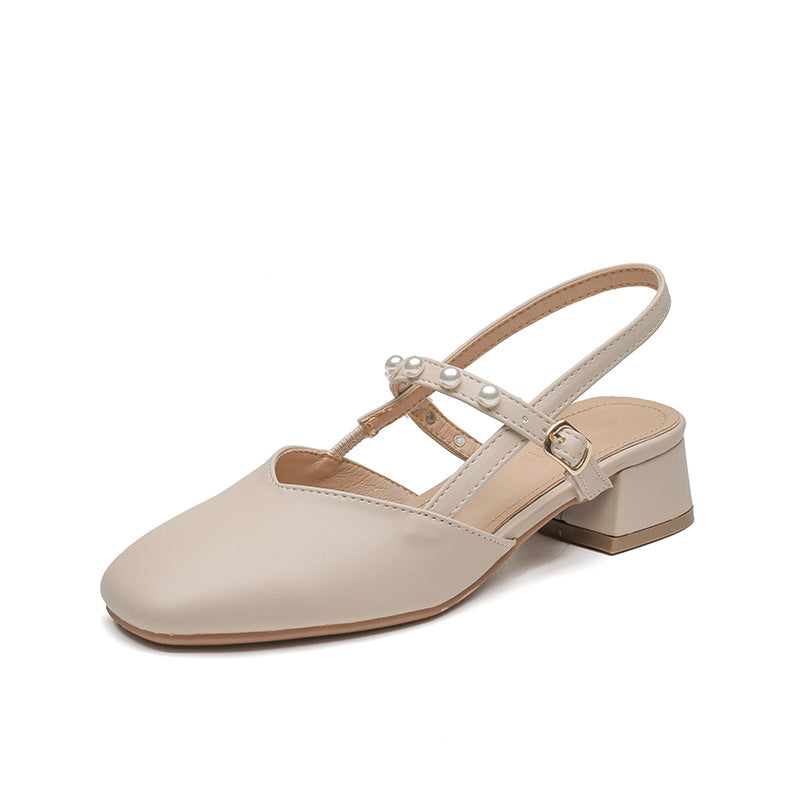 2023 new summer Baotou sandals women's chunky heel fairy style French pearl mid-heel temperament Mary Jane single shoes