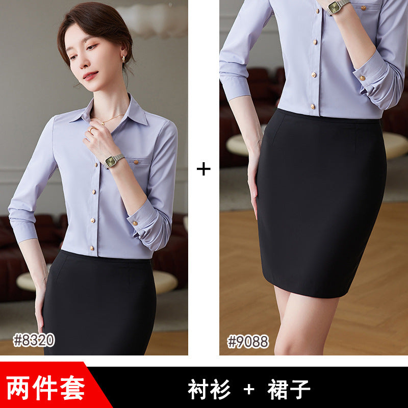 蓝色衬衫女套装春秋季长袖职业正装2023新款白衬衣酒店前台工作装