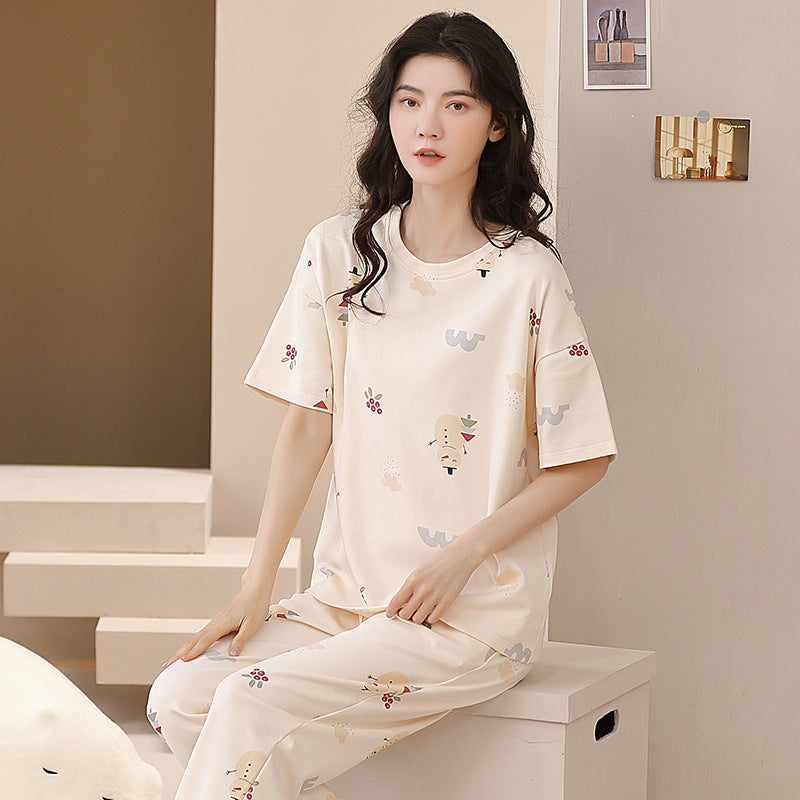 New 2023 summer pajamas women's pure cotton short-sleeved breathable sweet women's leisure can be worn outside home service suit thin