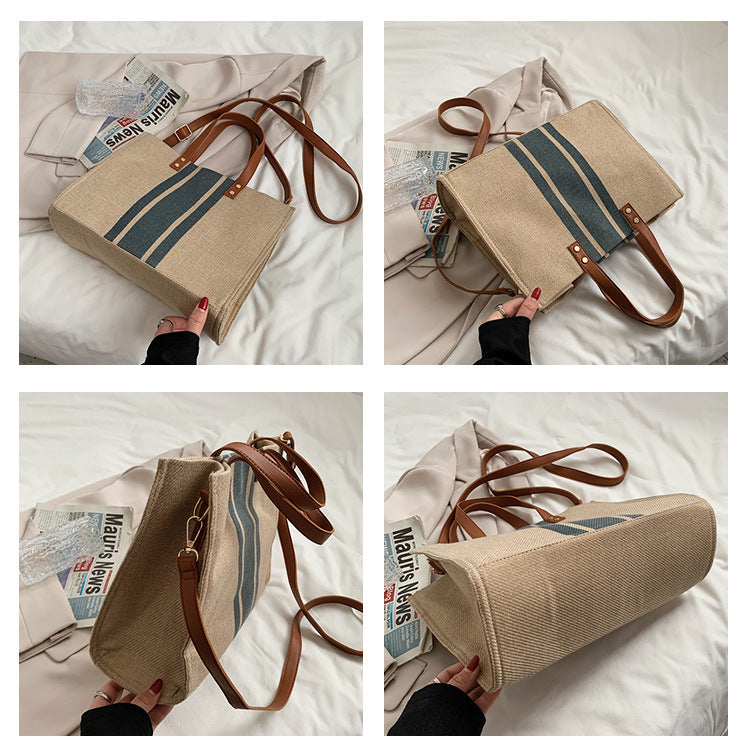 Korean style new women's portable briefcase professional commuting striped simple shoulder large bag large capacity canvas bag