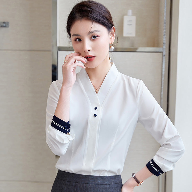 白衬衫女长袖V领打底衫2023新款正装工装工作服大码职业衬衣女ol