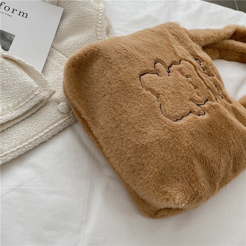 Autumn and winter new plush tote bag ins Japanese bear large capacity shoulder bag versatile student class hand bag