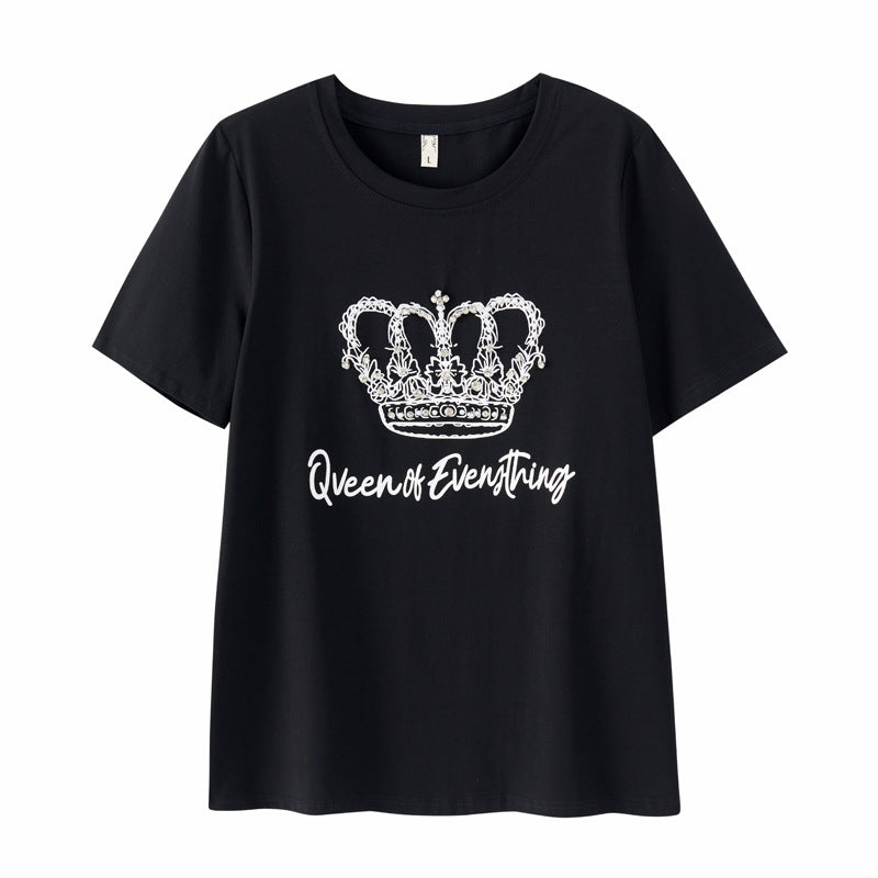 Large size women's summer new loose casual heavy industry ironing diamond printing round neck slightly fat and thin T-shirt top 18125