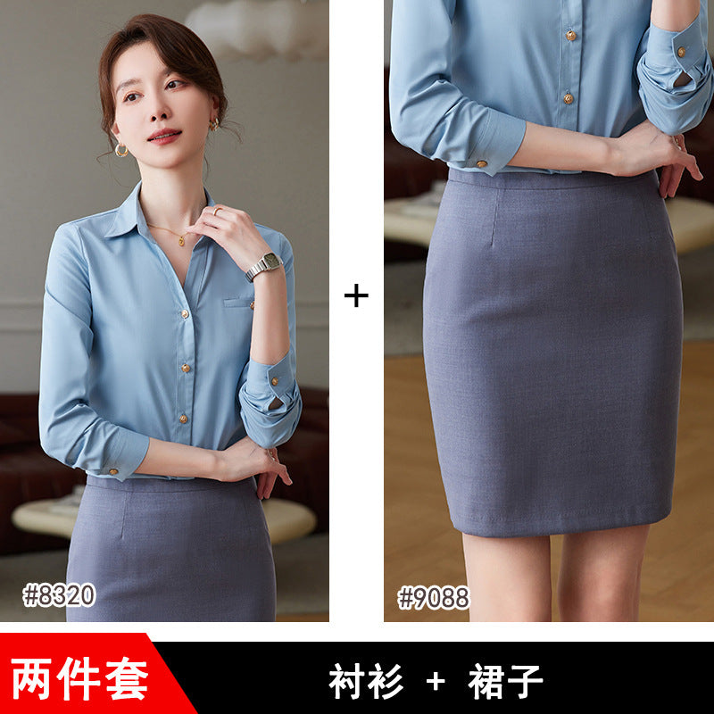 蓝色衬衫女套装春秋季长袖职业正装2023新款白衬衣酒店前台工作装