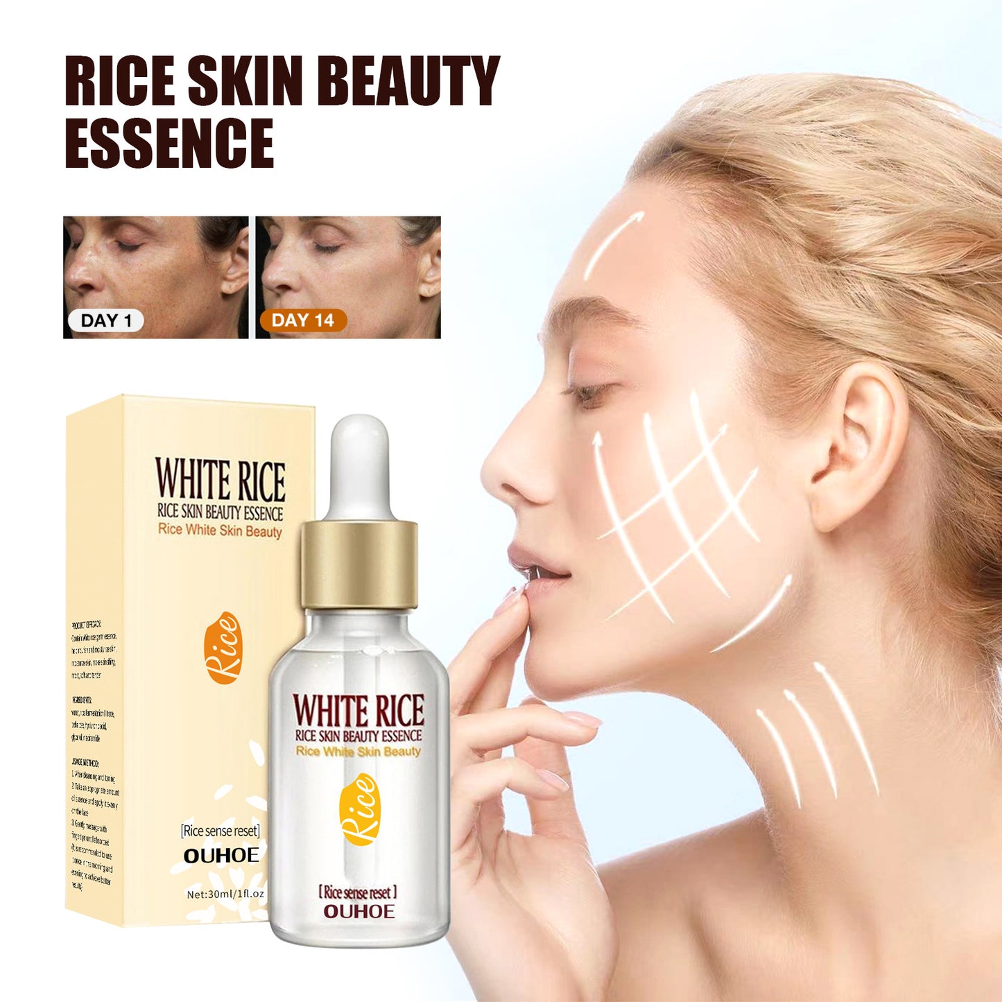 OUHOE Rice Anti-Wrinkle Essence Firming Facial Skin Anti-Aging Repair Fading Spots and Wrinkles Skin Care Solution