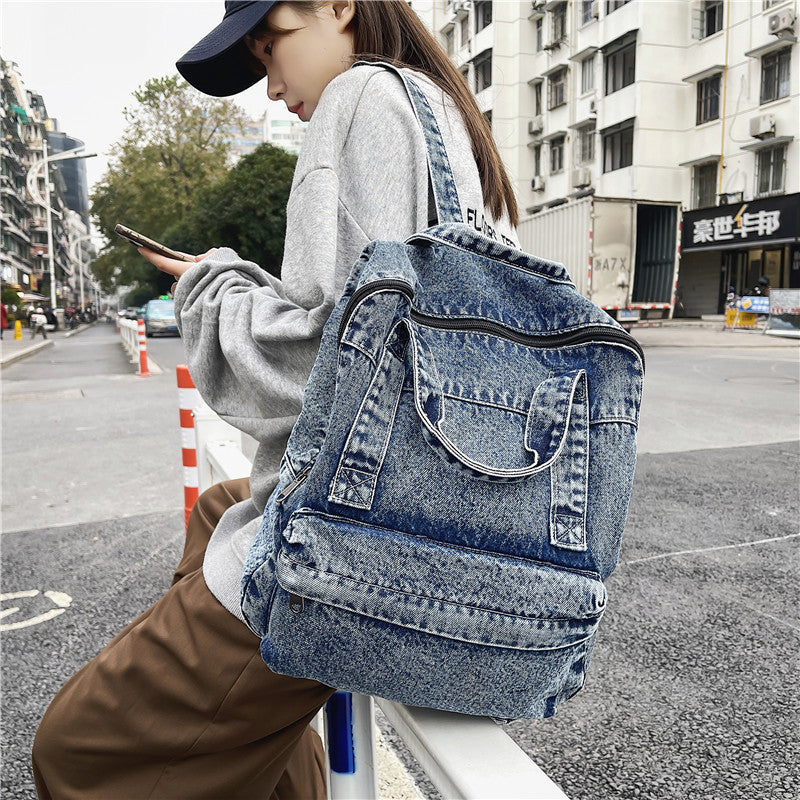 2023 New Harajuku ulzzang washed denim backpack trendy backpack large capacity high school student bag