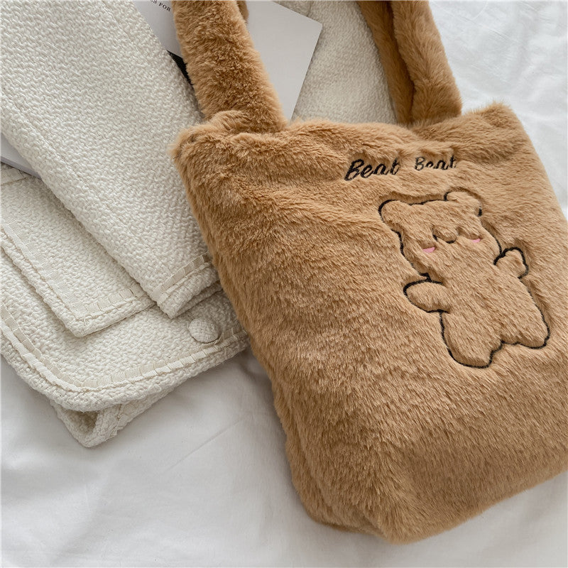 Autumn and winter new plush tote bag ins Japanese bear large capacity shoulder bag versatile student class hand bag