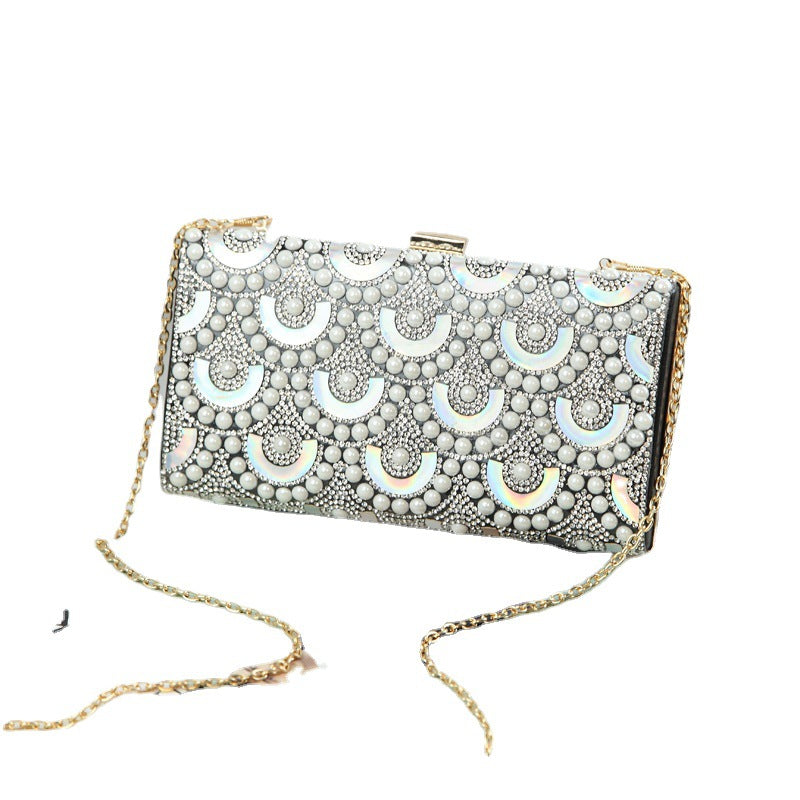2023 New Clutch Women's Bag Pearl Rhinestone Evening Bag Geometric Pattern Single Shoulder Diagonal Chain Small Square Bag Wholesale
