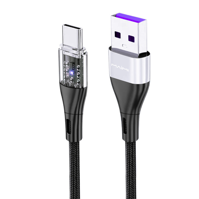 麦靡X72适用iPhone14安卓Type-C透明带灯金属智能编织1米5A快充线
