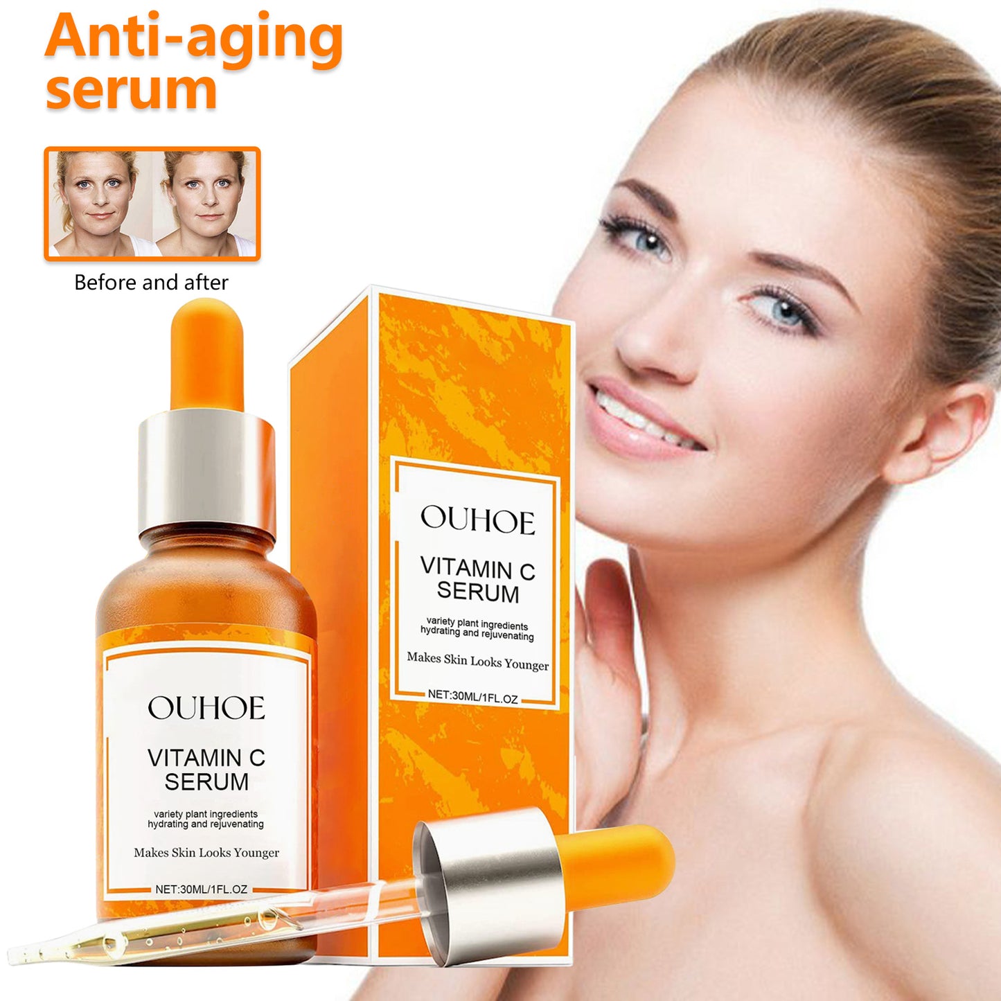 OUHOE ဗီတာမင် C Facial Essence သည် ညီညာသော အရေးကြောင်းများကို ပျောက်ကင်းစေပြီး မျက်နှာအသားရေကို တင်းရင်းစေကာ အိုမင်းရင့်ရော်မှုကို ဆန့်ကျင်ပေးသည် ။