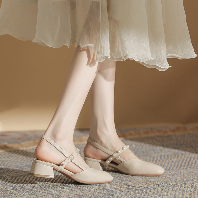 2023 new summer Baotou sandals women's chunky heel fairy style French pearl mid-heel temperament Mary Jane single shoes