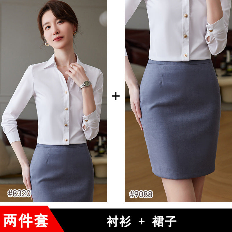 蓝色衬衫女套装春秋季长袖职业正装2023新款白衬衣酒店前台工作装